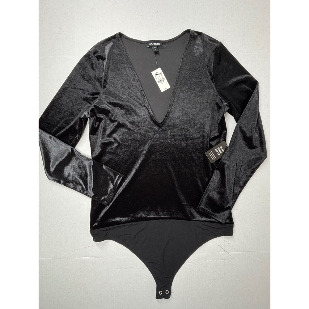 Express Black Velvet Deep V-Neck Long Sleeve Bodysuit Top Large Y2K SEXY NWT